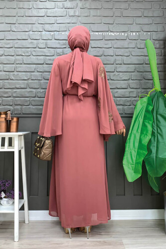 Yarasakol einärmeliges, bedrucktes, mit Chiffon gefüttertes Abendkleid 3539 Dried Rose - 7