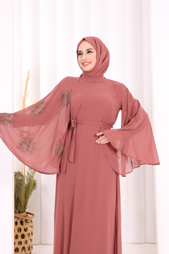 Yarasakol Single Sleeve Printed Chiffon Lined Evening Dress 3539 Dried Rose - 5