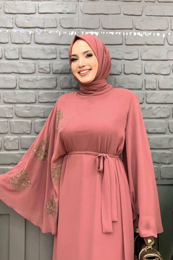 Yarasakol Single Sleeve Printed Chiffon Lined Evening Dress 3539 Dried Rose - 8
