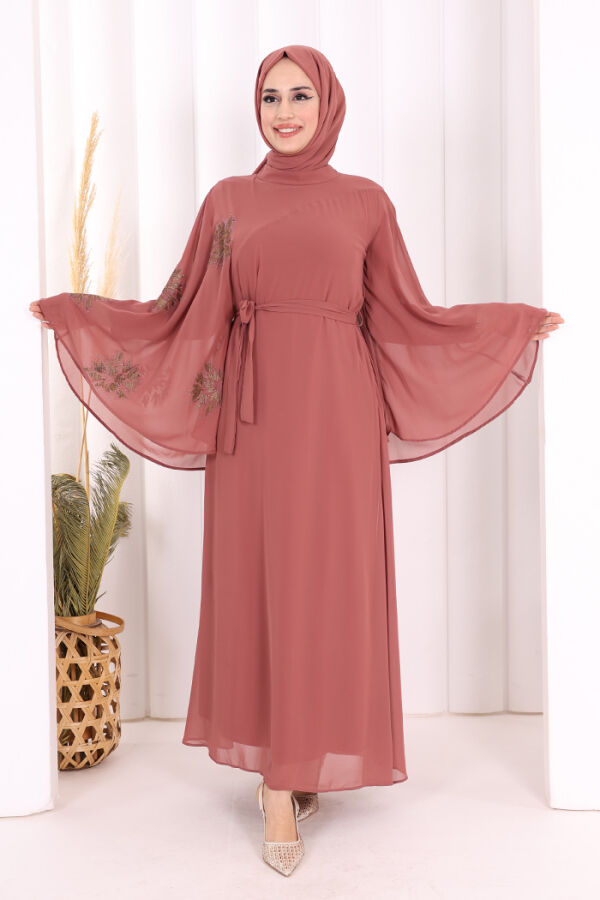 Yarasakol Single Sleeve Printed Chiffon Lined Evening Dress 3539 Dried Rose - 1