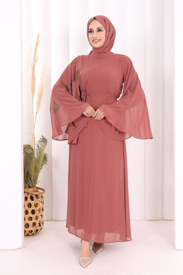 Yarasakol Single Sleeve Printed Chiffon Lined Evening Dress 3539 Dried Rose - 2