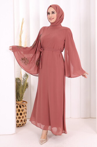 Yarasakol Single Sleeve Printed Chiffon Lined Evening Dress 3539 Dried Rose - 3