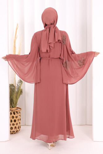 Yarasakol Single Sleeve Printed Chiffon Lined Evening Dress 3539 Dried Rose - 4