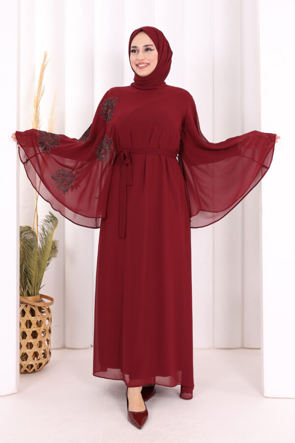 Yarasakol Tek Kol Baskılı Şifon Astarlı Abiye Elbise 3539 Bordo - 1
