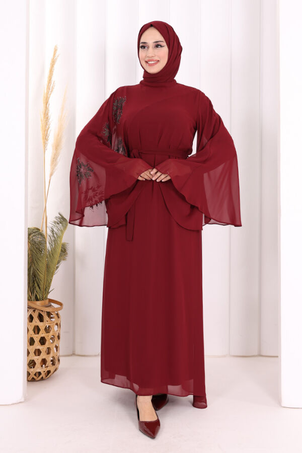 Yarasakol Tek Kol Baskılı Şifon Astarlı Abiye Elbise 3539 Bordo - 2