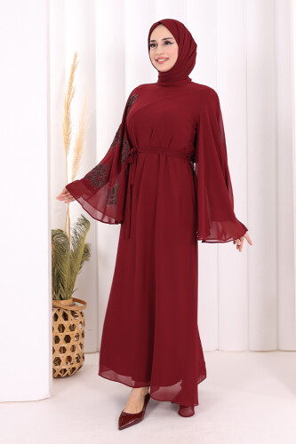 Yarasakol Tek Kol Baskılı Şifon Astarlı Abiye Elbise 3539 Bordo - 3