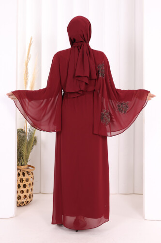 Yarasakol Tek Kol Baskılı Şifon Astarlı Abiye Elbise 3539 Bordo - 4