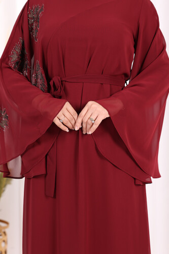 Yarasakol Tek Kol Baskılı Şifon Astarlı Abiye Elbise 3539 Bordo - 6