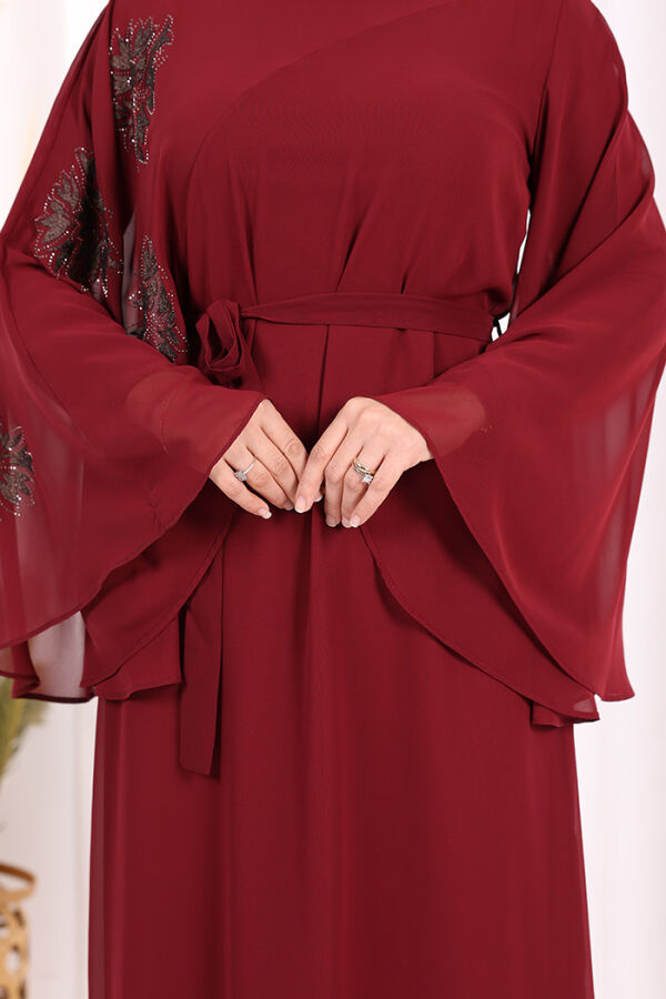 Yarasakol Tek Kol Baskılı Şifon Astarlı Abiye Elbise 3539 Bordo - 6