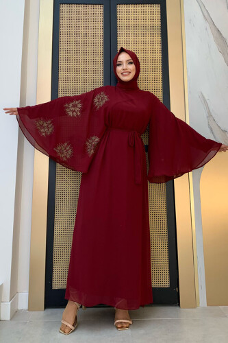 Yarasakol Tek Kol Baskılı Şifon Astarlı Abiye Elbise 3539 Bordo