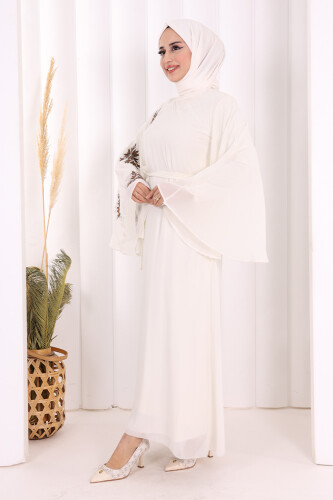 Yarasakol Tek Kol Baskılı Şifon Astarlı Abiye Elbise 3539 Ekru - 2