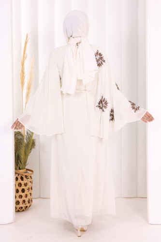 Yarasakol Tek Kol Baskılı Şifon Astarlı Abiye Elbise 3539 Ekru - 3