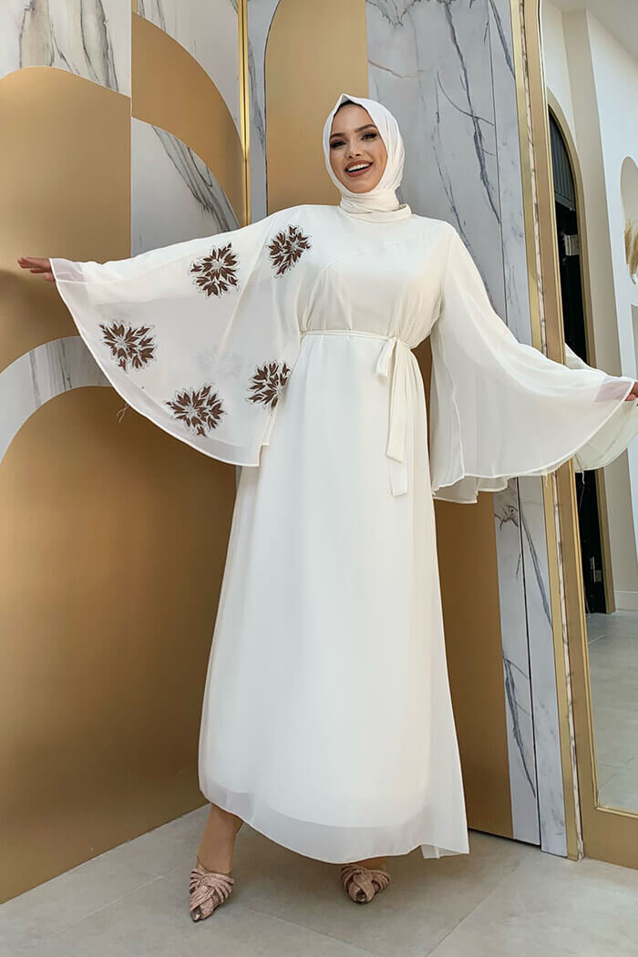 Yarasakol Tek Kol Baskılı Şifon Astarlı Abiye Elbise 3539 Ekru - 2