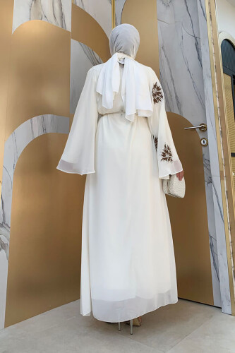 Yarasakol Tek Kol Baskılı Şifon Astarlı Abiye Elbise 3539 Ekru - 6