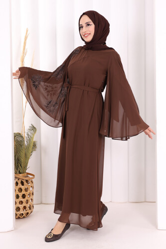 Yarasakol Tek Kol Baskılı Şifon Astarlı Abiye Elbise 3539 Kahverengi - 3
