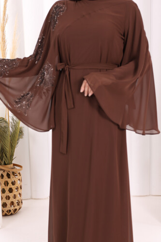 Yarasakol Tek Kol Baskılı Şifon Astarlı Abiye Elbise 3539 Kahverengi - 6