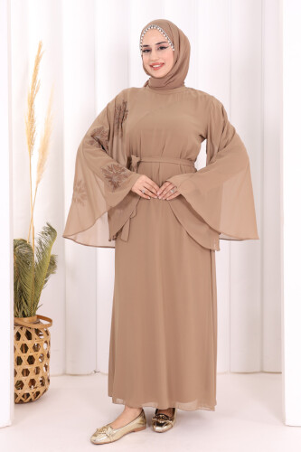 Yarasakol Tek Kol Baskılı Şifon Astarlı Abiye Elbise 3539 Vizon - 3