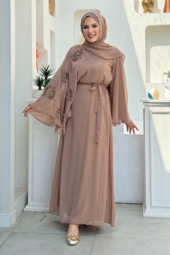 Yarasakol Tek Kol Baskılı Şifon Astarlı Abiye Elbise 3539 Vizon - 10