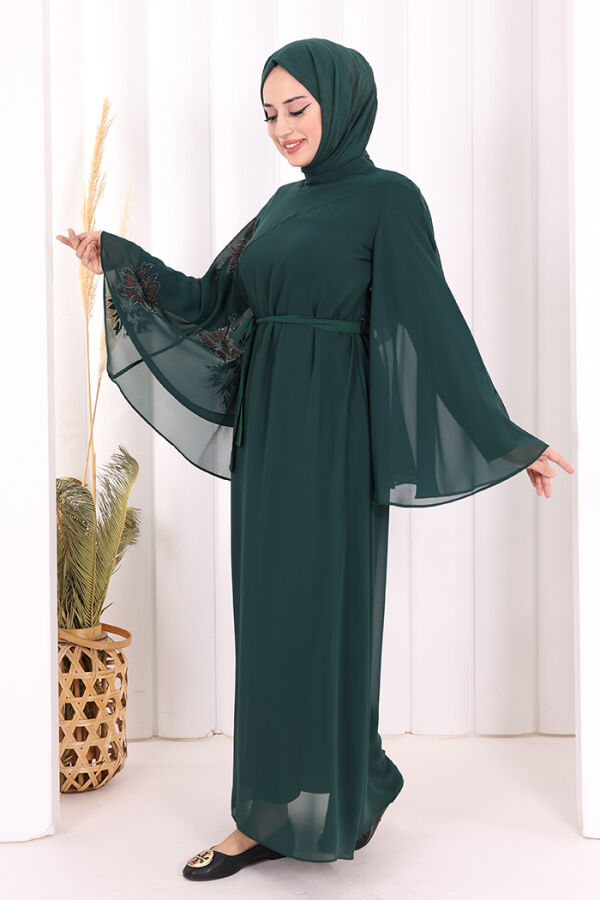 Yarasakol Tek Kol Baskılı Şifon Astarlı Abiye Elbise 3539 Zümrüt - 2