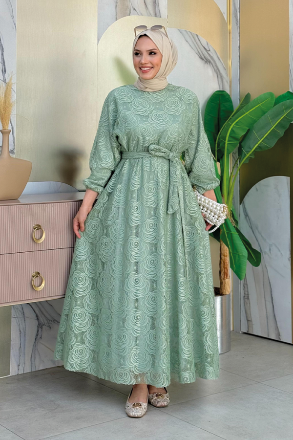 Yarasakol Kol Manşetleri Lastikli Dantel Elbise 3580 Mint - 1