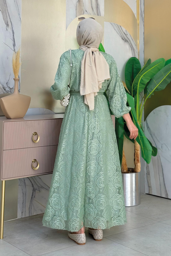 Yarasakol Kol Manşetleri Lastikli Dantel Elbise 3580 Mint - 2