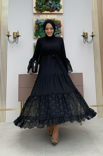 Lace Detailed Tiered Chiffon Belted Dress 3584 Black 