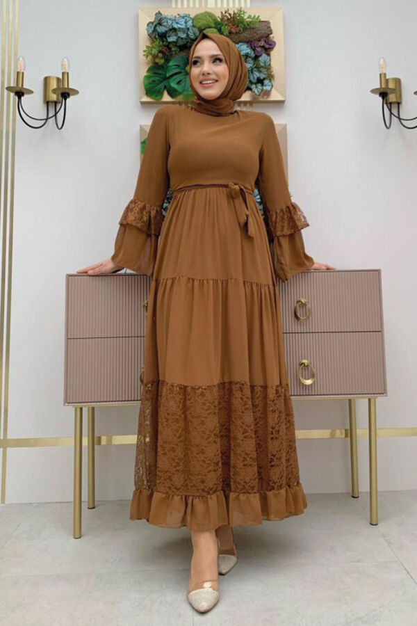 Lace Detailed Floor Look Chiffon Belted Dress 3584 Taba - 5