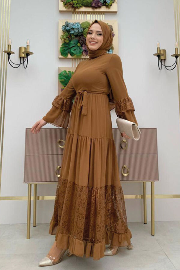 Lace Detailed Floor Look Chiffon Belted Dress 3584 Taba - 6
