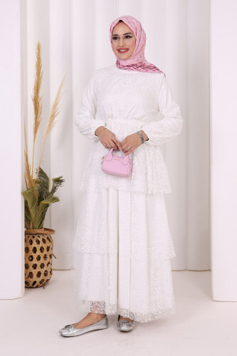 Dantel Kat Kat Detaylı Kol Manşetleri Lastikli Kuşaklı Astarlı Elbise 3614 Ekru 