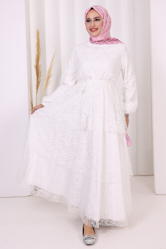 Dantel Kat Kat Detaylı Kol Manşetleri Lastikli Kuşaklı Astarlı Elbise 3614 Ekru - 2
