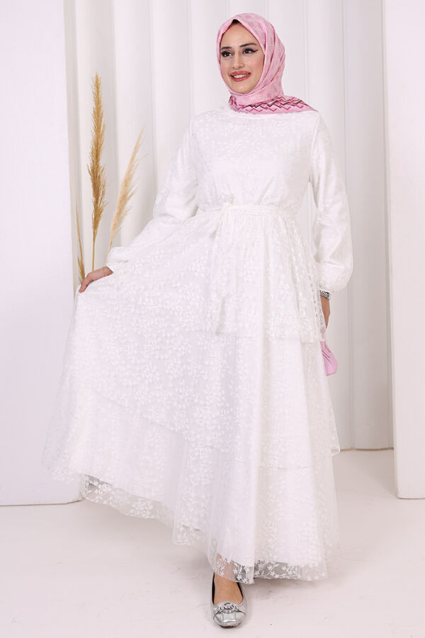 Dantel Kat Kat Detaylı Kol Manşetleri Lastikli Kuşaklı Astarlı Elbise 3614 Ekru - 2