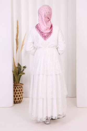 Dantel Kat Kat Detaylı Kol Manşetleri Lastikli Kuşaklı Astarlı Elbise 3614 Ekru - 5