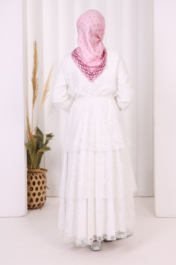 Dantel Kat Kat Detaylı Kol Manşetleri Lastikli Kuşaklı Astarlı Elbise 3614 Ekru - 5