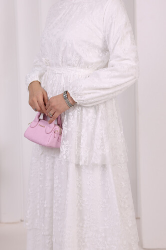 Dantel Kat Kat Detaylı Kol Manşetleri Lastikli Kuşaklı Astarlı Elbise 3614 Ekru - 7