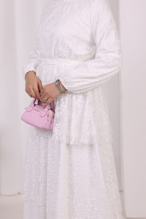 Dantel Kat Kat Detaylı Kol Manşetleri Lastikli Kuşaklı Astarlı Elbise 3614 Ekru - 7