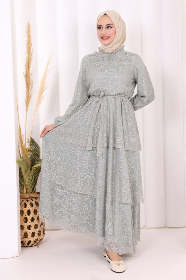 Dantel Kat Kat Detaylı Kol Manşetleri Lastikli Kuşaklı Astarlı Elbise 3614 Mint - 1