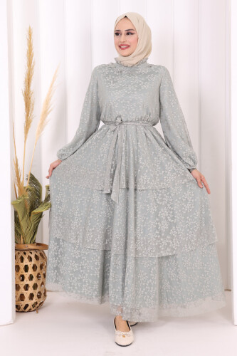 Dantel Kat Kat Detaylı Kol Manşetleri Lastikli Kuşaklı Astarlı Elbise 3614 Mint - 2