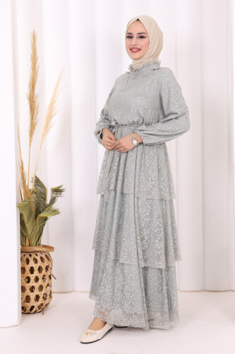 Dantel Kat Kat Detaylı Kol Manşetleri Lastikli Kuşaklı Astarlı Elbise 3614 Mint - 3