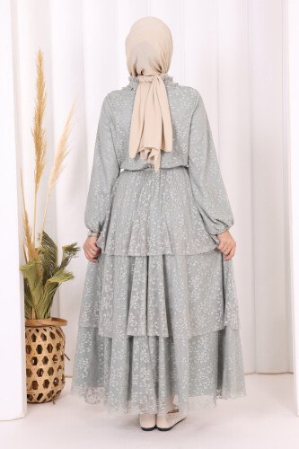 Dantel Kat Kat Detaylı Kol Manşetleri Lastikli Kuşaklı Astarlı Elbise 3614 Mint - 4