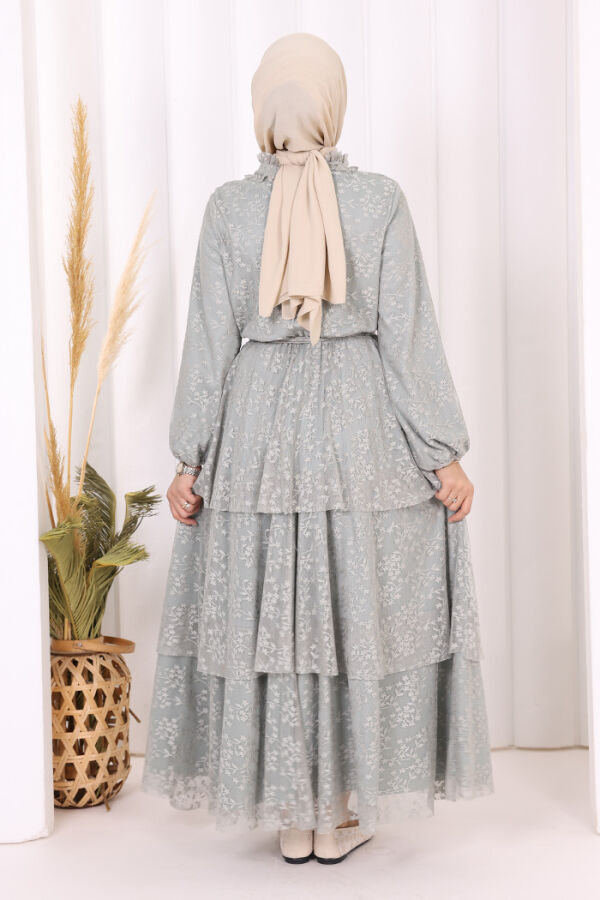 Dantel Kat Kat Detaylı Kol Manşetleri Lastikli Kuşaklı Astarlı Elbise 3614 Mint - 4