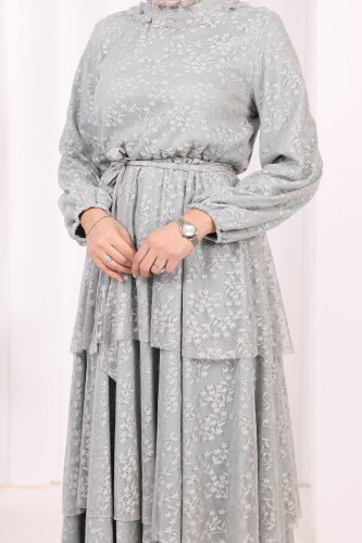 Dantel Kat Kat Detaylı Kol Manşetleri Lastikli Kuşaklı Astarlı Elbise 3614 Mint - 6