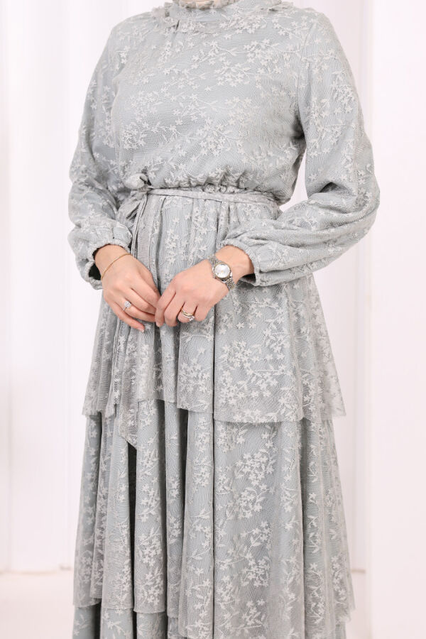 Dantel Kat Kat Detaylı Kol Manşetleri Lastikli Kuşaklı Astarlı Elbise 3614 Mint - 6