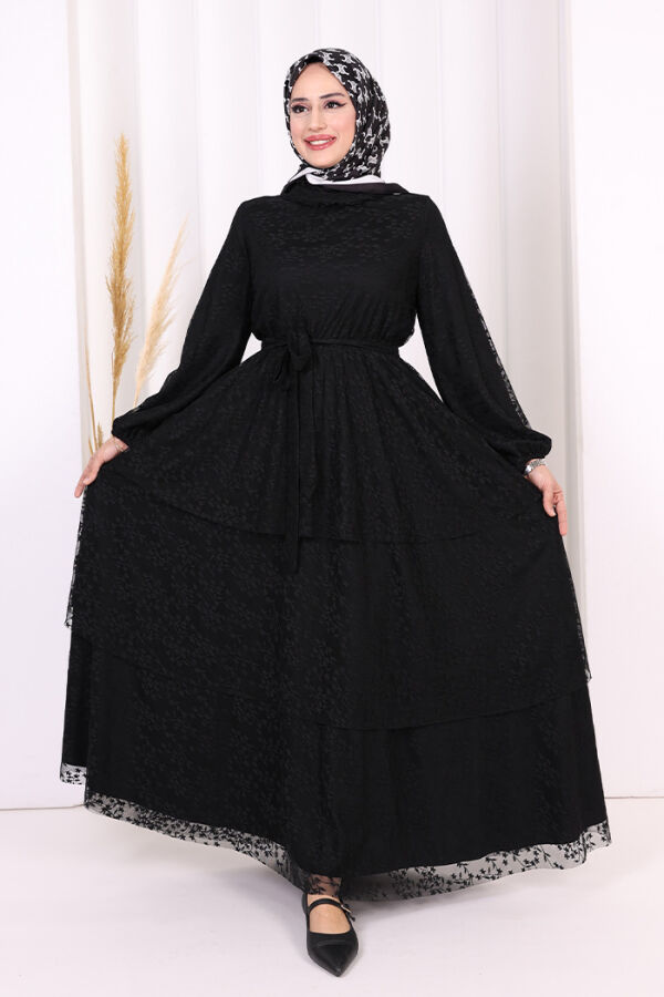 Dantel Kat Kat Detaylı Kol Manşetleri Lastikli Kuşaklı Astarlı Elbise 3614 Siyah - 1