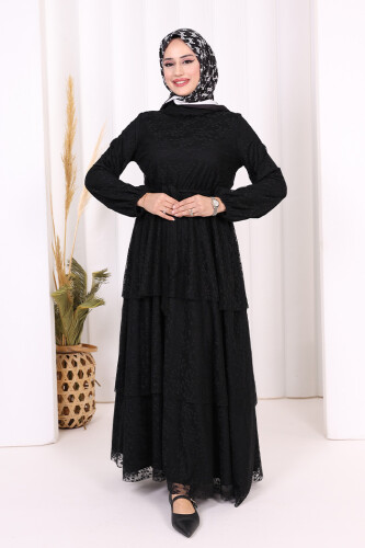 Dantel Kat Kat Detaylı Kol Manşetleri Lastikli Kuşaklı Astarlı Elbise 3614 Siyah - 2