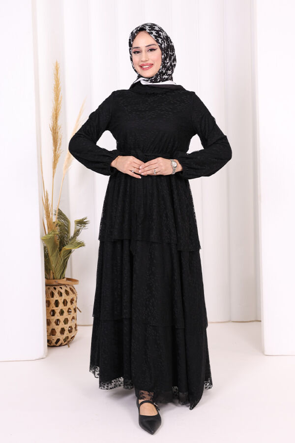 Dantel Kat Kat Detaylı Kol Manşetleri Lastikli Kuşaklı Astarlı Elbise 3614 Siyah - 2