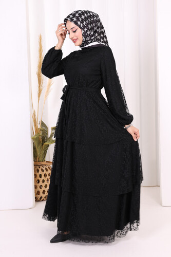 Dantel Kat Kat Detaylı Kol Manşetleri Lastikli Kuşaklı Astarlı Elbise 3614 Siyah - 3