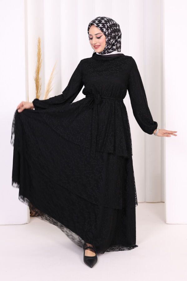 Dantel Kat Kat Detaylı Kol Manşetleri Lastikli Kuşaklı Astarlı Elbise 3614 Siyah - 4