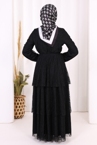 Dantel Kat Kat Detaylı Kol Manşetleri Lastikli Kuşaklı Astarlı Elbise 3614 Siyah - 5