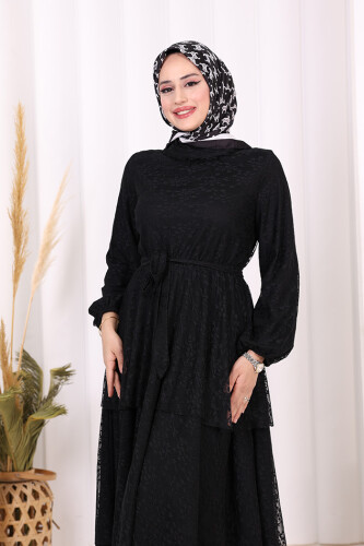 Dantel Kat Kat Detaylı Kol Manşetleri Lastikli Kuşaklı Astarlı Elbise 3614 Siyah - 6
