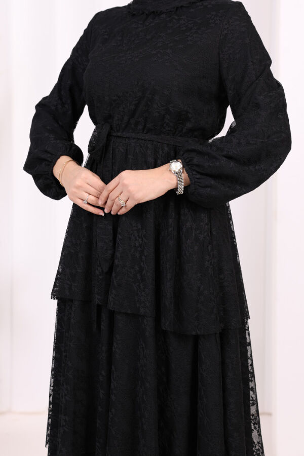 Dantel Kat Kat Detaylı Kol Manşetleri Lastikli Kuşaklı Astarlı Elbise 3614 Siyah - 7